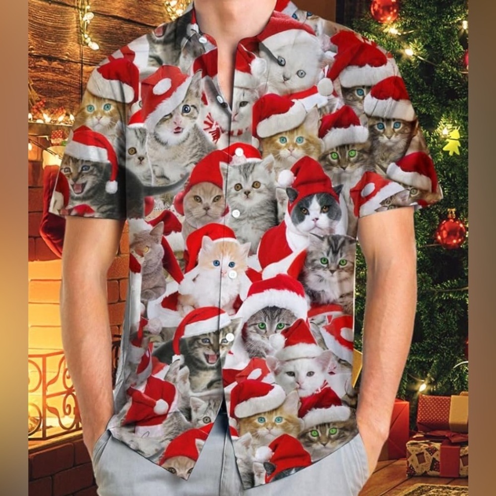 Men’s SSLR Collection Christmas Cats Kittens Button Down S/S Shirt Size Small